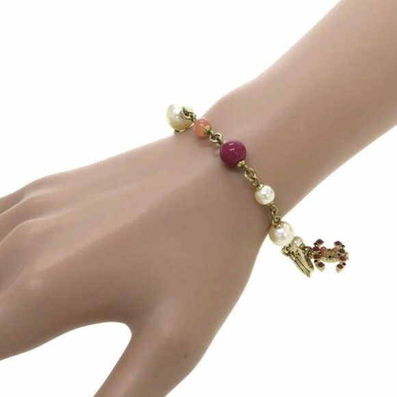 CHANEL CC Logo Multicolor Stone Pearl Bracelet 6.5" Gold Tone 12P Auth #6767F - Picture 3 of 6
